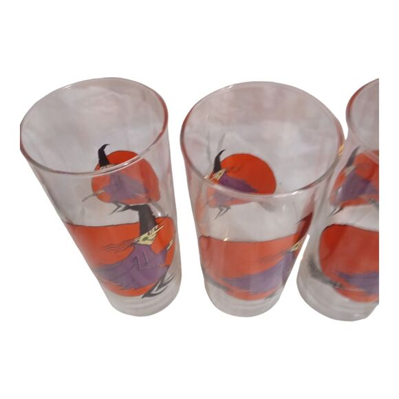 4 Vtg Halloween Highball Glasses~ Moon ~ Drinking Glasses~ Witch Riding Broom - Picture 9 of 10